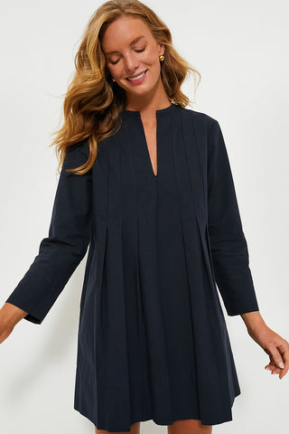 Navy Blue V Neck Pleated Short Dress