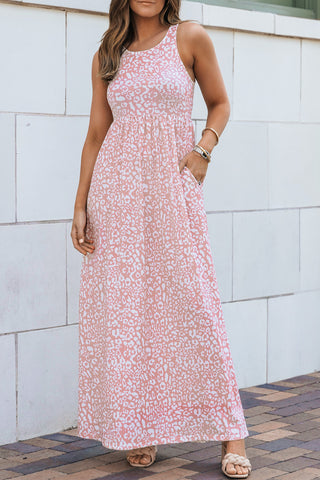 Rose Pink Leopard Pocketed Maxi Tank Dress - Alleure