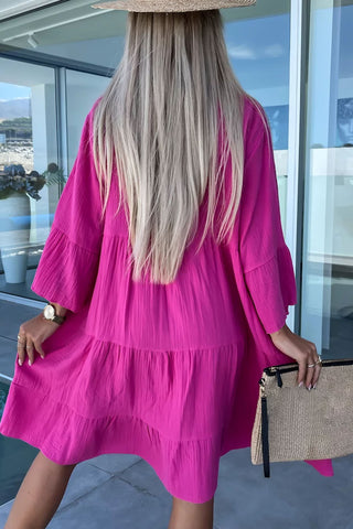 Wholesale Rose Crinkled Tiered Split Neck Shirt Dress - Alleure