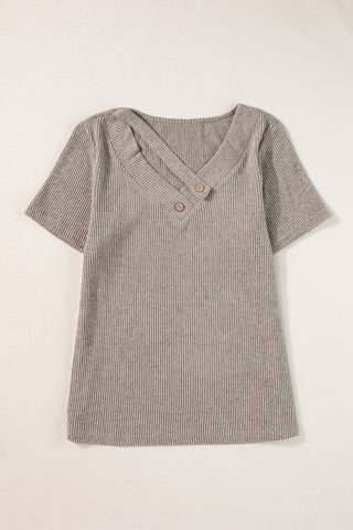 V Neck Strap & Button Detail Ribbed Tee