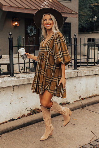 Wholesale Brown Plaid Pattern Empire Waist Babydoll Dress - Alleure
