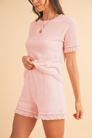 Fringe Trim Waffle Knit Textured Shorts Set - 3 Colors