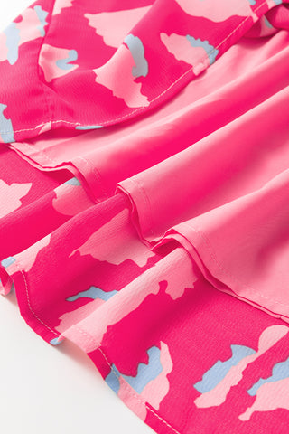 Pink Abstract Print Dress V Neck Shirred Sleeves
