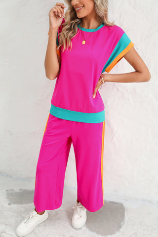 Colorblock 2 Piece Casual Wide Leg Pants Set - 4 Colors