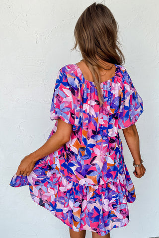 Purple Flower Print Short Puff Sleeve Ruffle Mini Dress - Alleure
