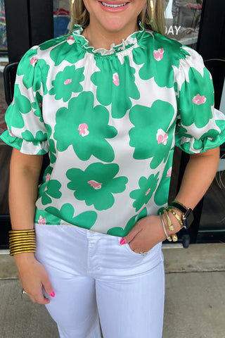 60s Floral Print Puff Sleeve Blouse with Frill Neckline - 2 Colors