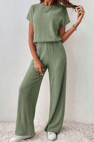 Ribbed Jumpsuit with Short Sleeves & Wide Legs - 3 Colors