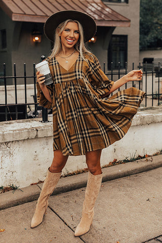 Wholesale Brown Plaid Pattern Empire Waist Babydoll Dress - Alleure