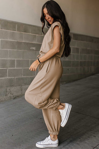 Beige Drawstring Jogger Jumpsuit Cap Sleeves Open Back