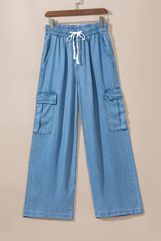 Blue Drawstring High Waist Wide Leg Jeans