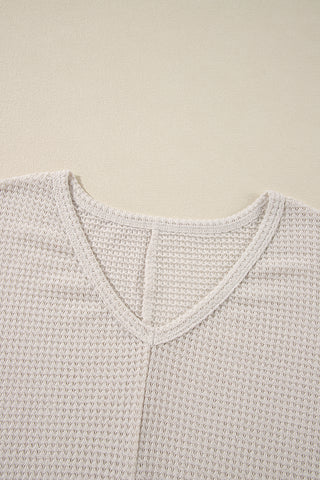 Waffle Knit Loose Fit V Neck Top - 3 Colors
