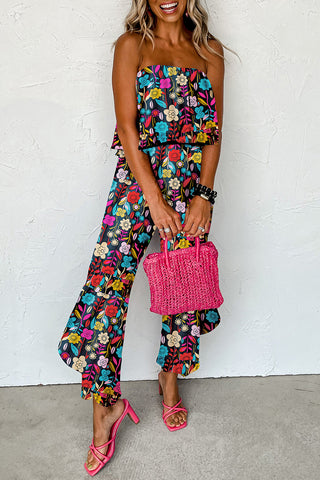 Strapless Floral Print Jumpsuit with Tiered Hem & Bodice
