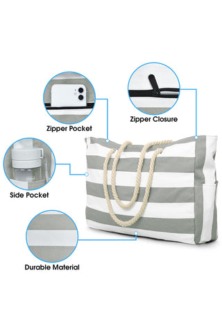 Grass Green Striped Rope Handle Canvas Large Tote Bag - Alleure