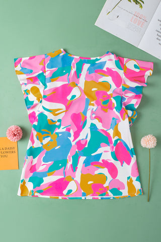 Multicolour Abstract Print Shirred Notched Neck Ruffle Blouse - 2 Colors