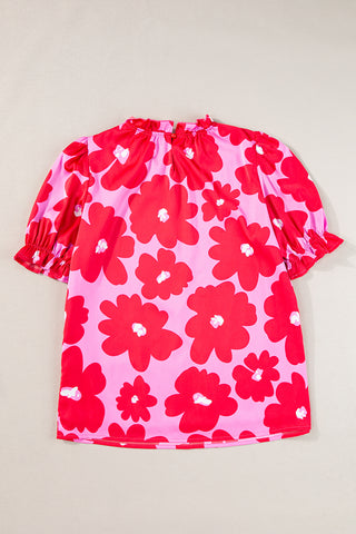 60s Floral Print Puff Sleeve Blouse with Frill Neckline - 2 Colors