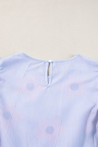 Stripe Blouse Flutter Sleeves Flower Imprint - 2 Colors