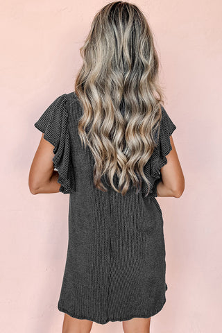 Black Ribbed Flutter Sleeve Mini Dress - Alleure