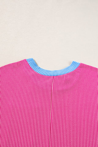 Rose Red Rib Textured Colorblock Contrast Pocket T Shirt Dress - Alleure