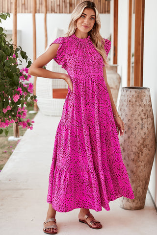Rose Red Leopard Print Ruffle Sleeveless Maxi Dress - Alleure