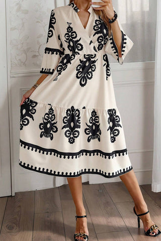 Ethnic Print 3/4 Sleeve Loose Fit Midi - 2 Colors