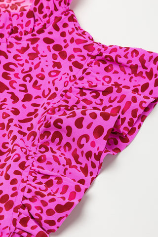 Rose Red Leopard Print Ruffle Sleeveless Maxi Dress - Alleure