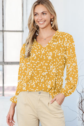 Yellow Boho Crinkled Blouse with Frill Neckline