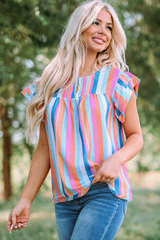 Multicolor Striped Blouse with Ruffle Sleeves