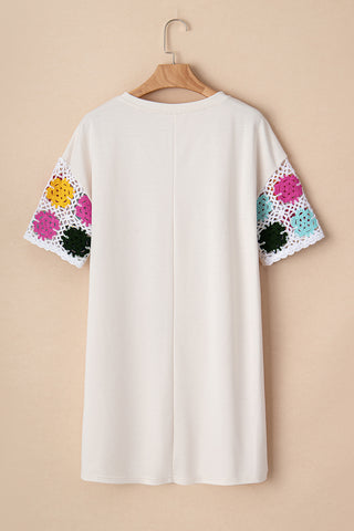 White Floral Crochet Splicing Sleeve T-shirt Dress - Alleure