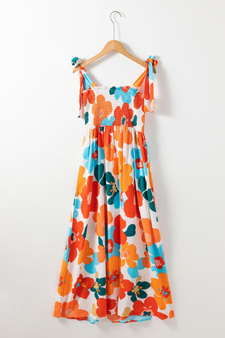 Orange 60s Floral Printed Shoulder Tie Smocked Maxi Dress - Alleure