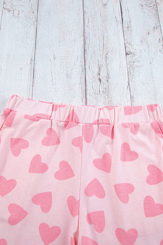 Pink Heart Print Long Sleeve Top and Shorts Pajama Set