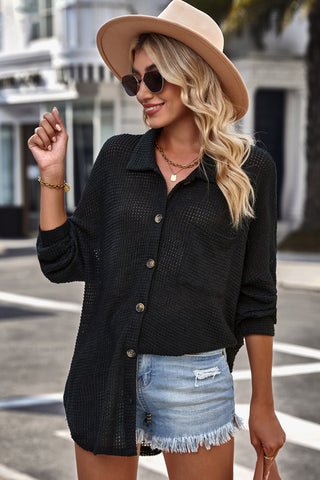 Brown Pocket Buttons Front Waffle Knit Shacket