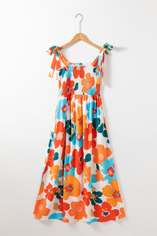 Orange 60s Floral Printed Shoulder Tie Smocked Maxi Dress - Alleure