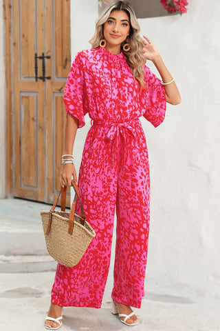 Pink & Red Leopard Print Wide Leg Jumpsuit with Tulip Sleeves & Belt