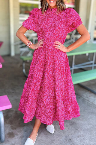 Wholesale Rose Red Mock Neck Puff Sleeve Floral Tiered Maxi Dress - Alleure