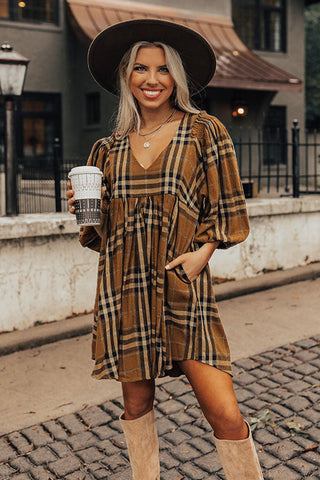 Wholesale Brown Plaid Pattern Empire Waist Babydoll Dress - Alleure