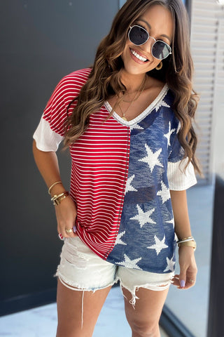 Stripes & Stars V Neck Short Sleeve Knit - 2 Color Variations