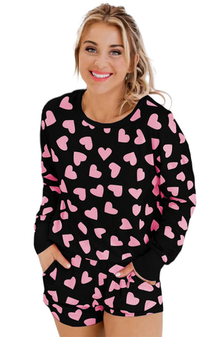 Pink Heart Print Long Sleeve Top and Shorts Pajama Set