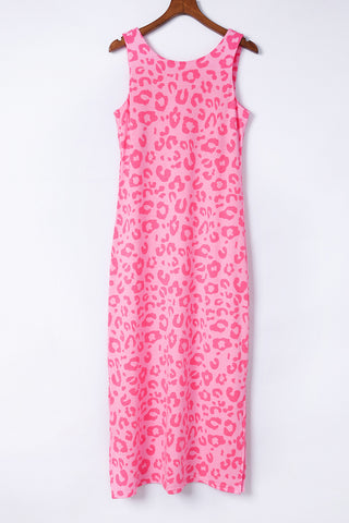 Rosy Casual Leopard Print Side Slits Sleeveless Dress - Alleure