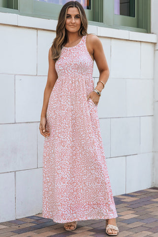 Rose Pink Leopard Pocketed Maxi Tank Dress - Alleure