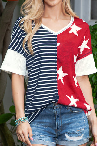 Stripes & Stars V Neck Short Sleeve Knit - 2 Color Variations