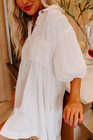 White Puff Sleeve Buttoned Shirt Dress