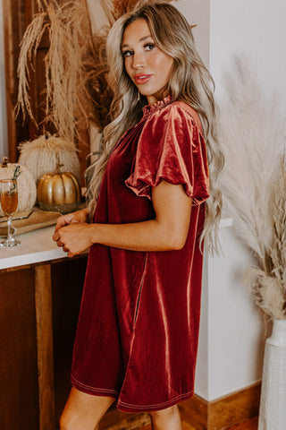Red Velvet Puff Sleeve Dress Shirred Neck