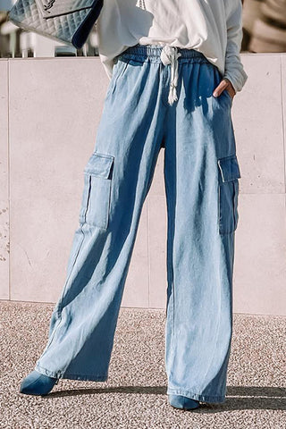 Blue Drawstring High Waist Wide Leg Jeans