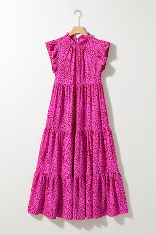 Rose Red Leopard Print Ruffle Sleeveless Maxi Dress - Alleure