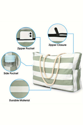 Grass Green Striped Rope Handle Canvas Large Tote Bag - Alleure