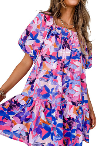 Purple Flower Print Short Puff Sleeve Ruffle Mini Dress - Alleure