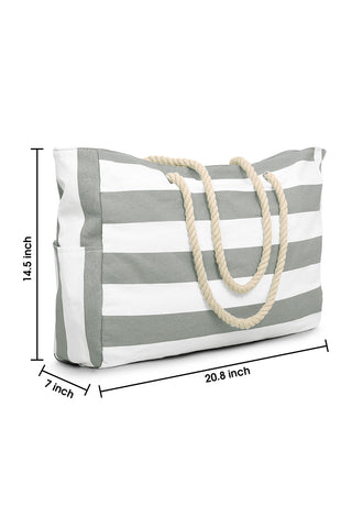 Grass Green Striped Rope Handle Canvas Large Tote Bag - Alleure