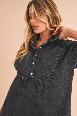 Wholesale Black Vintage Snap Buttoned Mini Denim Dress - Alleure