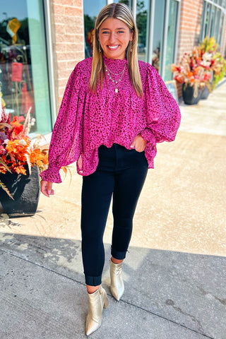 Sheer Hot Pink Leopard Print Blouse Shirred Puff Sleeves
