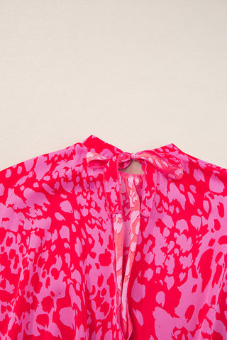Pink & Red Leopard Print Wide Leg Jumpsuit with Tulip Sleeves & Belt